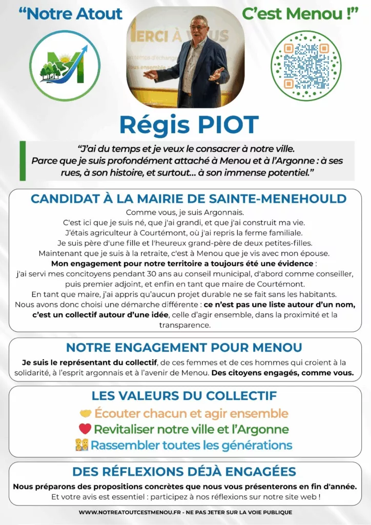 Régis Piot, candidat à la mairie de Sainte-Menehould - Collectif Notre Atout C'est Menou !